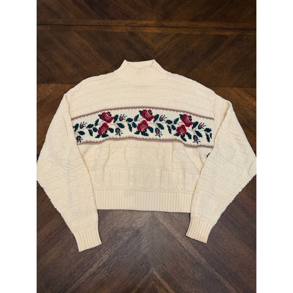 Vintage Susan Bristol Cotton Floral Rose Cable Knit Sweater Cream Mock Neck 38